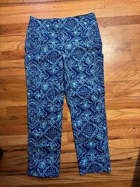 Chico's Navy and Aqua Tile-Print Pull-On Crop Pants